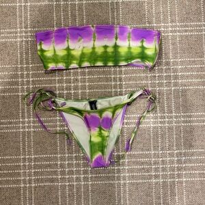 TRIANGL Purple and Green Tie-Dye Bikini Set (top is large bottoms are small)